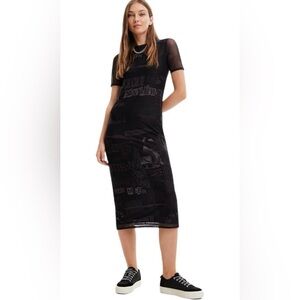 DESIGUAL Tulle Newspaper Midi Dress In Black Medium Brand New